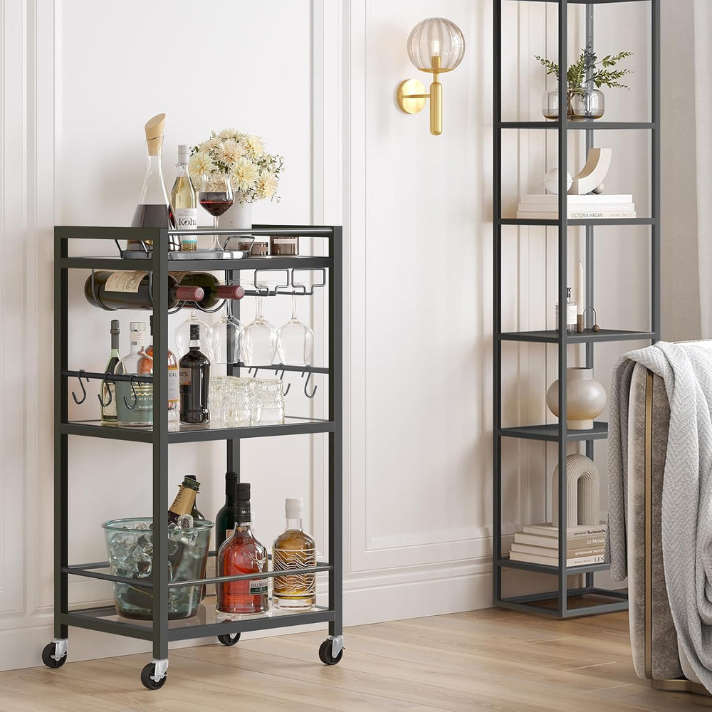 TUTOTAK Bar Cart with 3 Mirrored Shelves, Wine Rack & Glass Holder