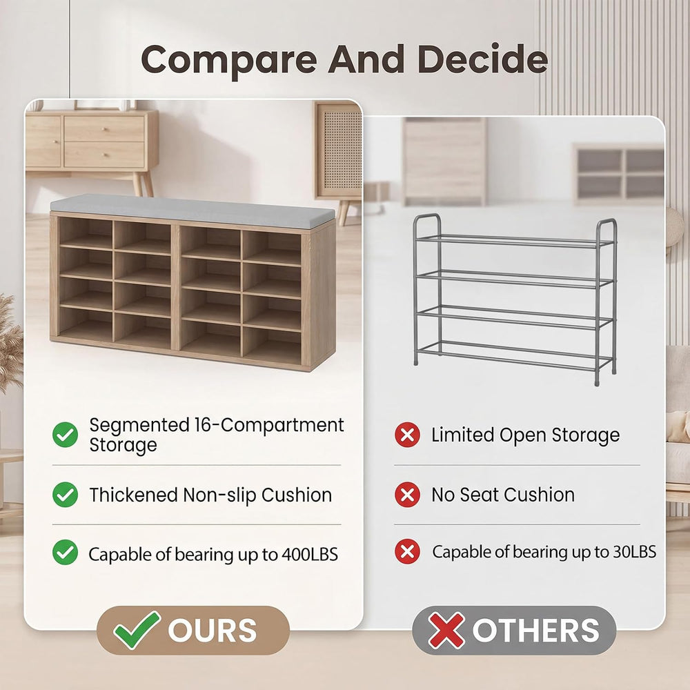 Shoe Rack Bench, Shoe Storage Bench with Cushion, Shoe Organizer 16 Cubbies f...