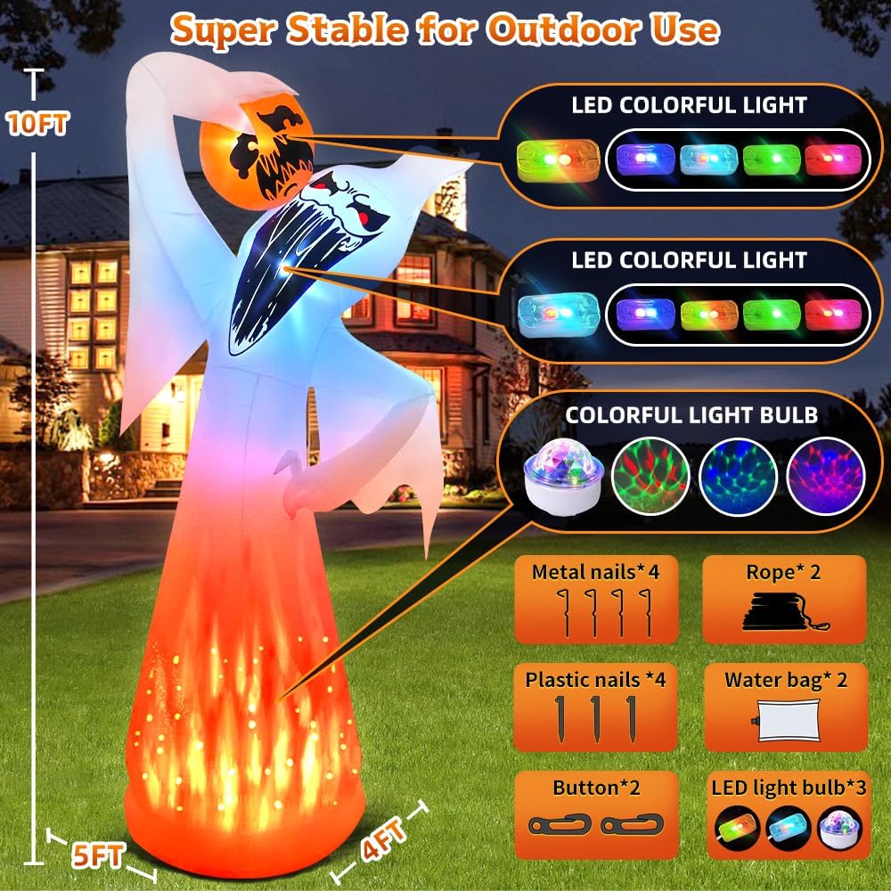 10 FT Halloween Inflatables Ghost with Pumpkin Decoration, Built in Flame Rot...