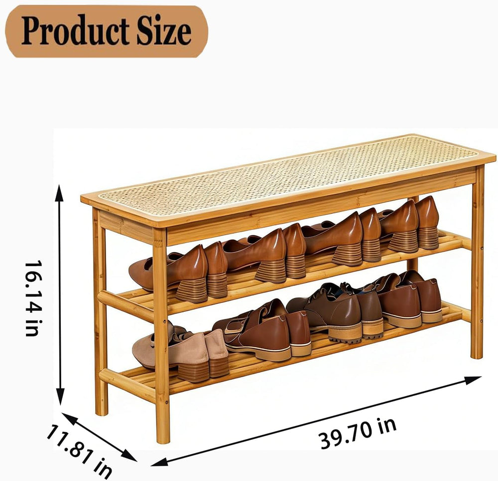 latifolia Shoe Rack Bench, 3-Tier Bamboo Shoe Bench with Breathable Rattan Se...