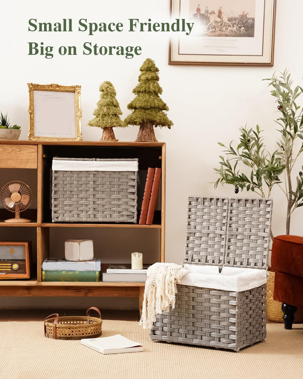 SETVSON Storage Basket with Lid, 9.2 Gal PE Rattan Trunk, Gray