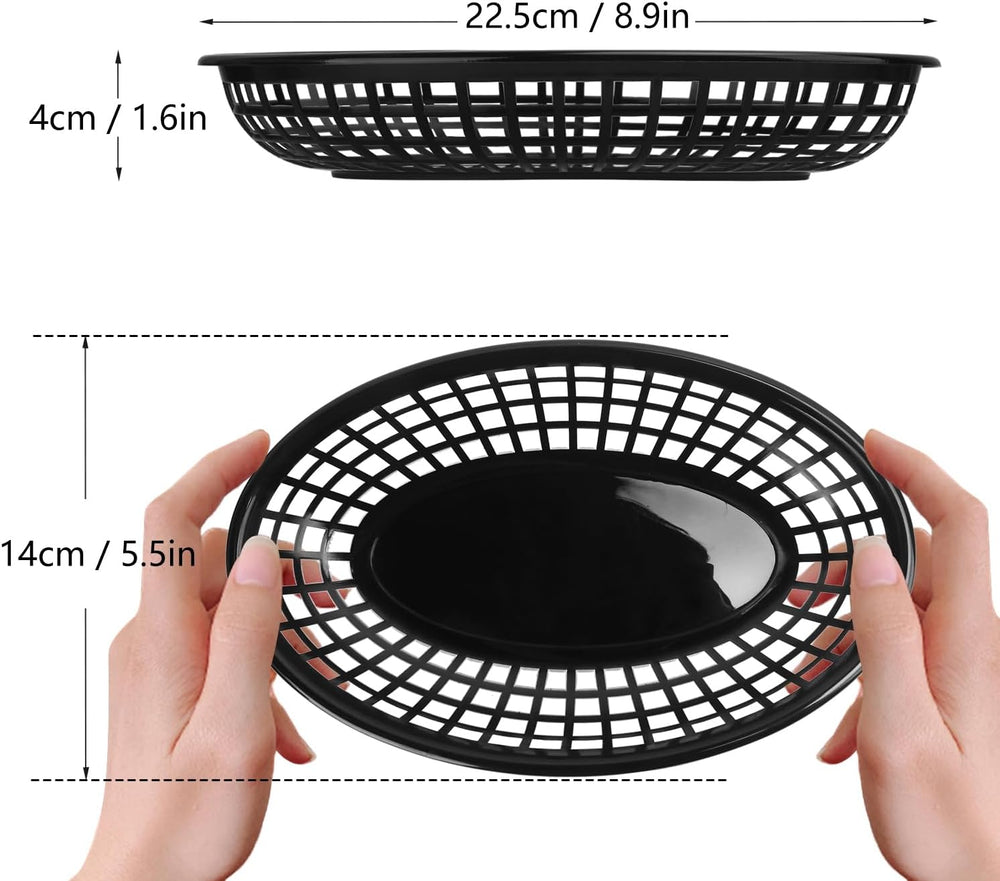 100 Pcs 9 x 5.7 Inch Reusable Black Oval Fast Food Baskets, Sturdy Plastic Pl...