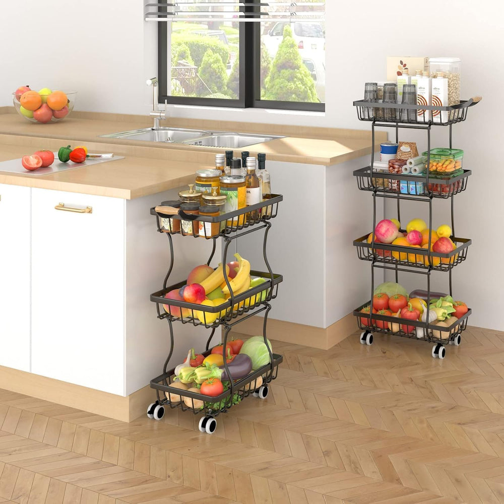 4 Tier Stackable Fruit Vegetable Storage Basket Kitchen Rolling Cart