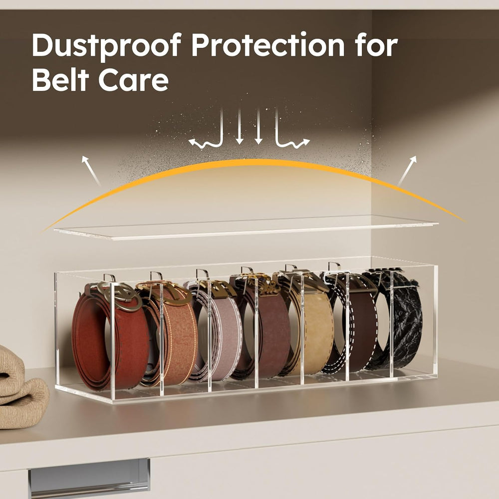 FEMELI Acrylic Belt Organizers for Closet 7-Slots Belt box with Dust Cover