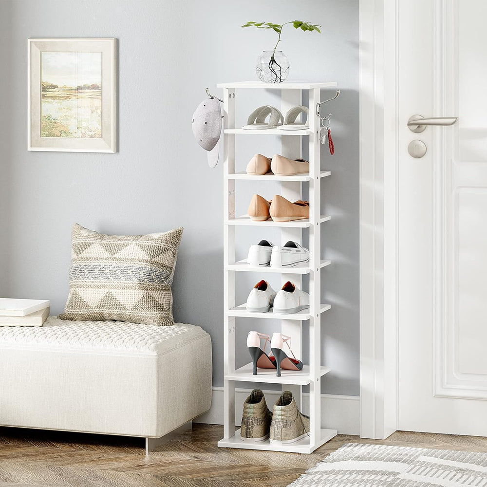HOOBRO 8 Tiers Vertical Shoe Rack, Wooden Shoe Storage Organizer with Hooks, ...