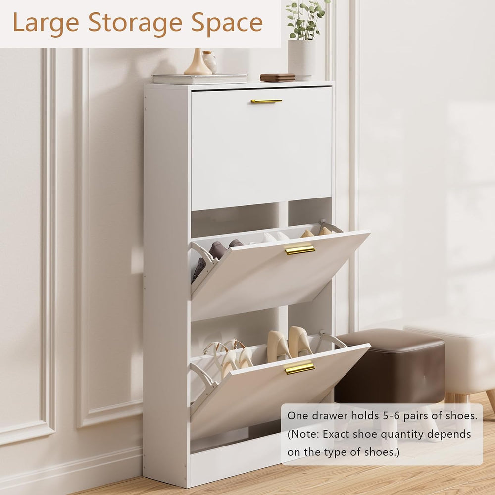 LYNSOM Modern Entryway Shoe Cabinet with 3 Flip Drawers and Top Display, Whit...