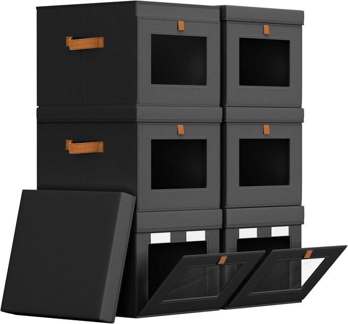 Homsorout Storage Bins with Lid – Closet Organizer with Side Opening and Clear Window, Foldable Stackable Fabric Basket for Clothes, Home, Office - 13.77" x 11.8" x 9.8", 6 Pack, Black
