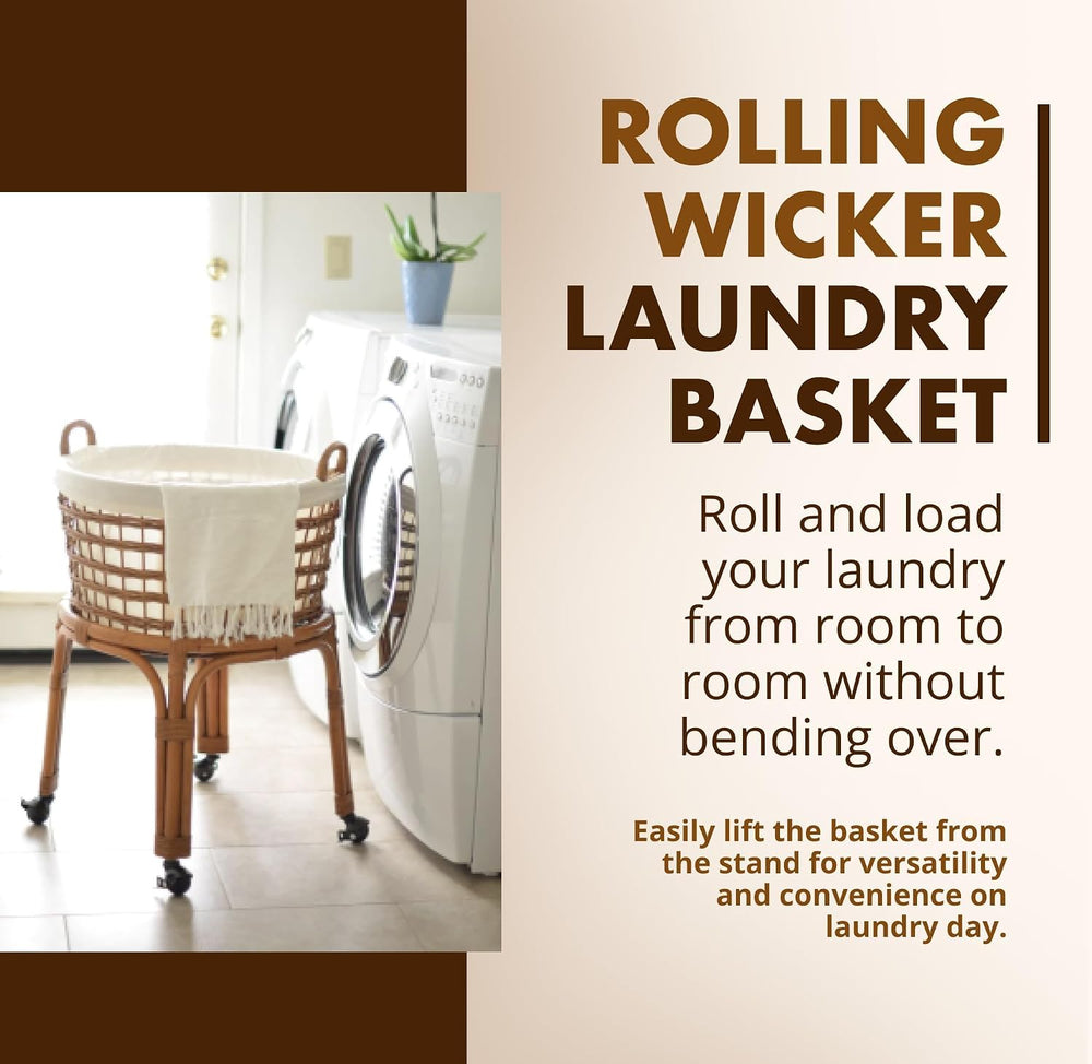 KOUBOO Rolling Wicker Laundry Hamper with Liner Locking Wheels, Honey Brown