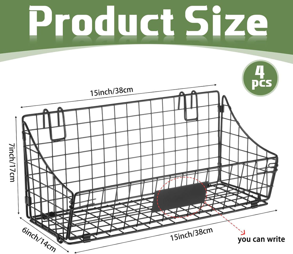 Blulu 4 Pcs Grid Wall Baskets, Wire with Hooks for Hanging, 15 x 7 x 6 Inch