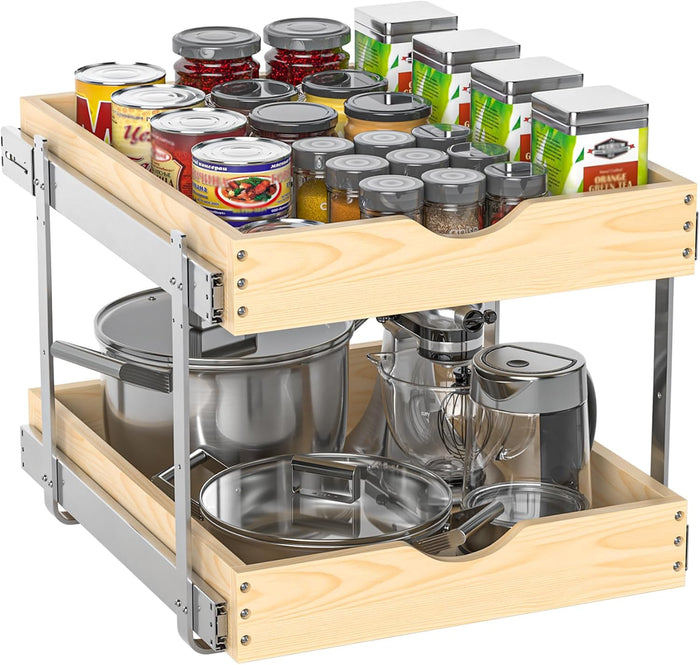 21" Deep 2-Tier Pull Out Cabinet Organizer - Wood Pull Out Drawers