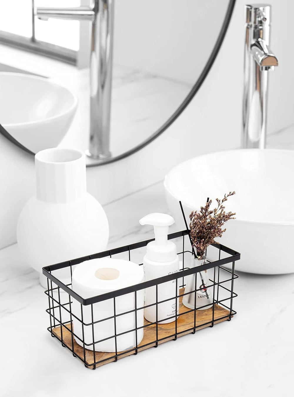 TIEYIPIN Farmhouse Decor Metal Wire Storage Baskets, Wood Base Containers Org...