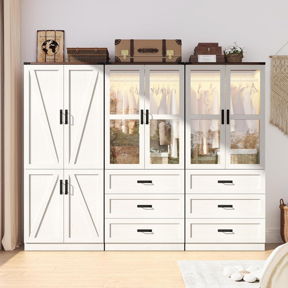 75" Tall Farmhouse 6 Doors Armoire Wardrobe Closet with 3 Drawers and LE...