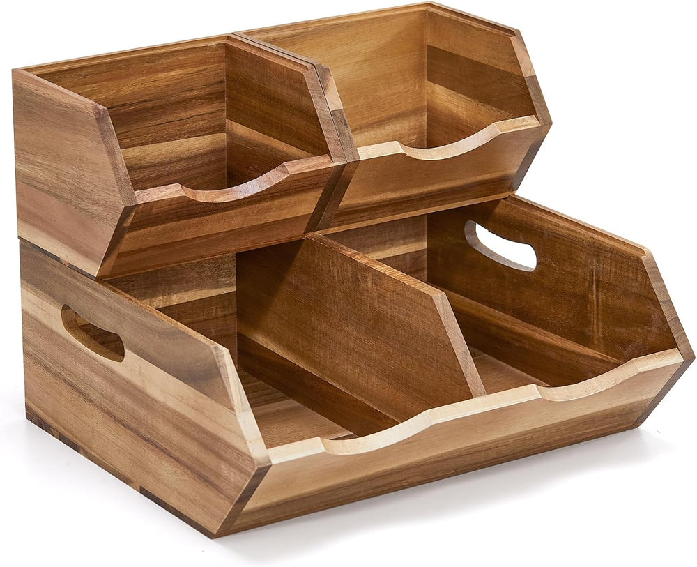 Acacia Wood Pantry Storage Bins, Stackable Storage Baskets Potato and Onion S...