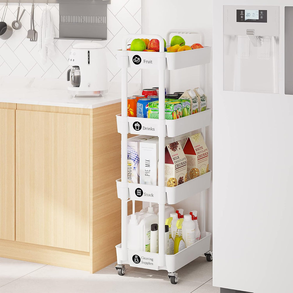 4 Tier Rolling Cart with Wheels, Utility Storage Carts,White