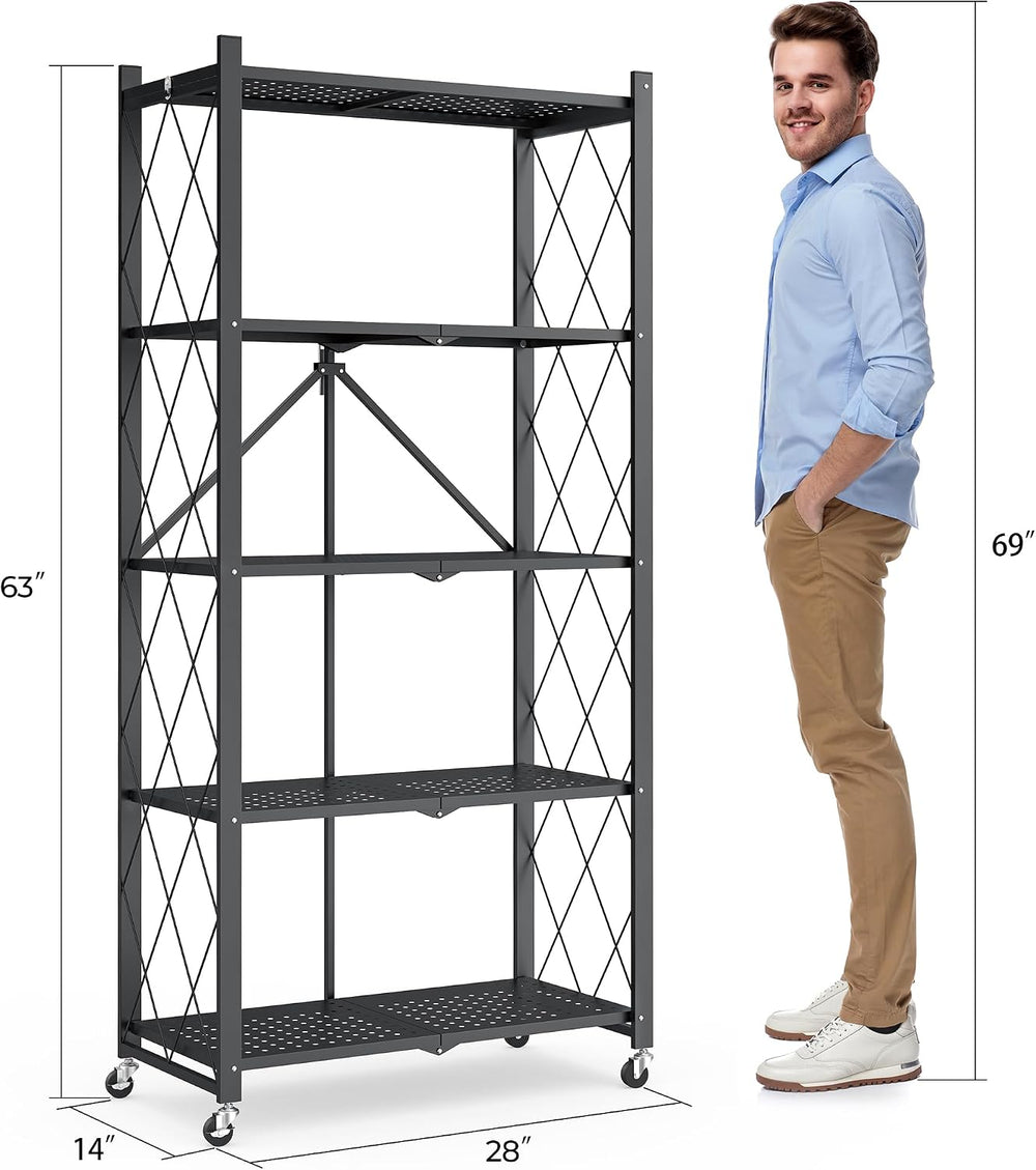 Fenbeli 5 Tier Storage Shelf with Wheels - Metal Collapsible Shelving Unit Di...