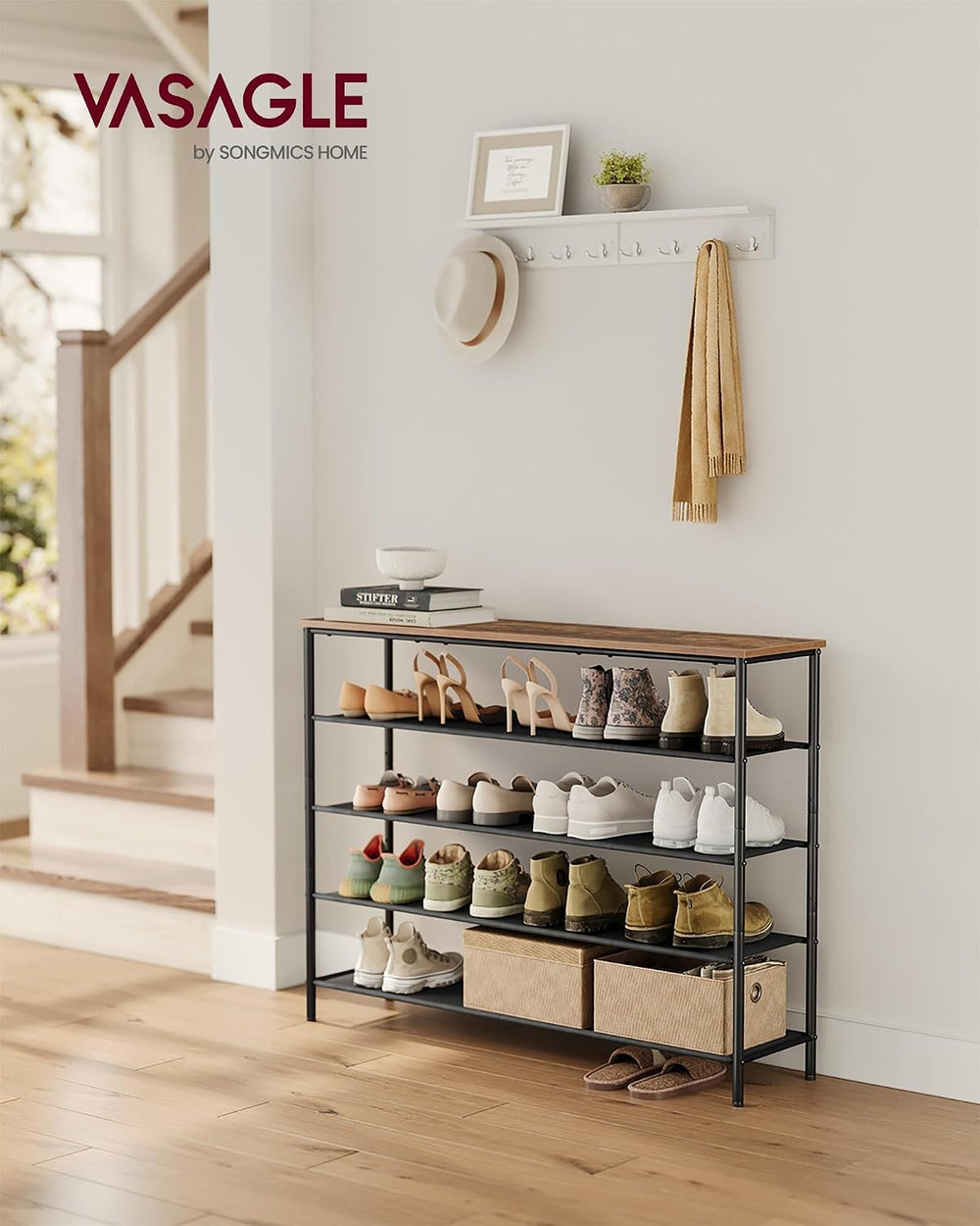 VASAGLE 5-Tier Shoe Rack, 20-24 Pairs, Steel Frame