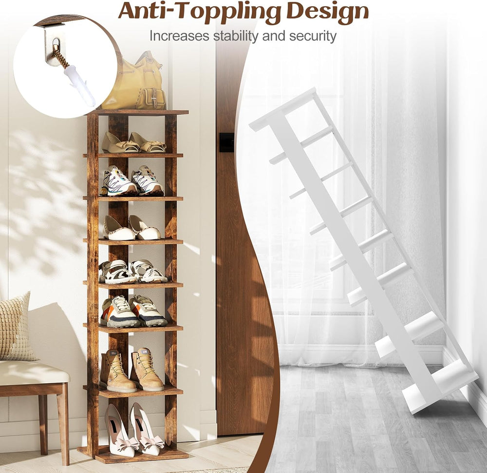 8-Tier Vertical Shoe Rack, Narrow Shoe Storage Organizer, Brown