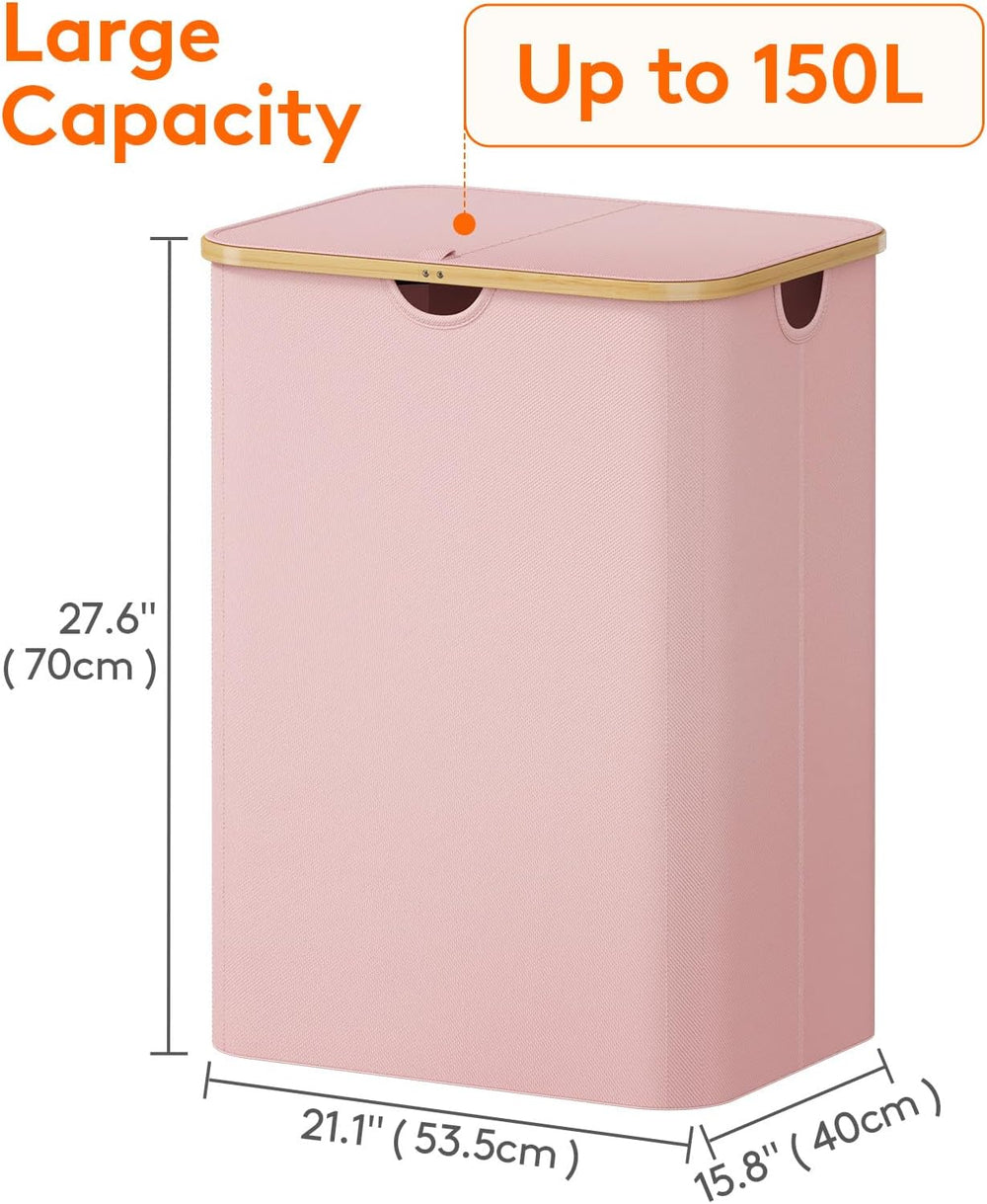 Lifewit 150L Large Laundry Basket with Lid, 2 Removable Bags, Pink