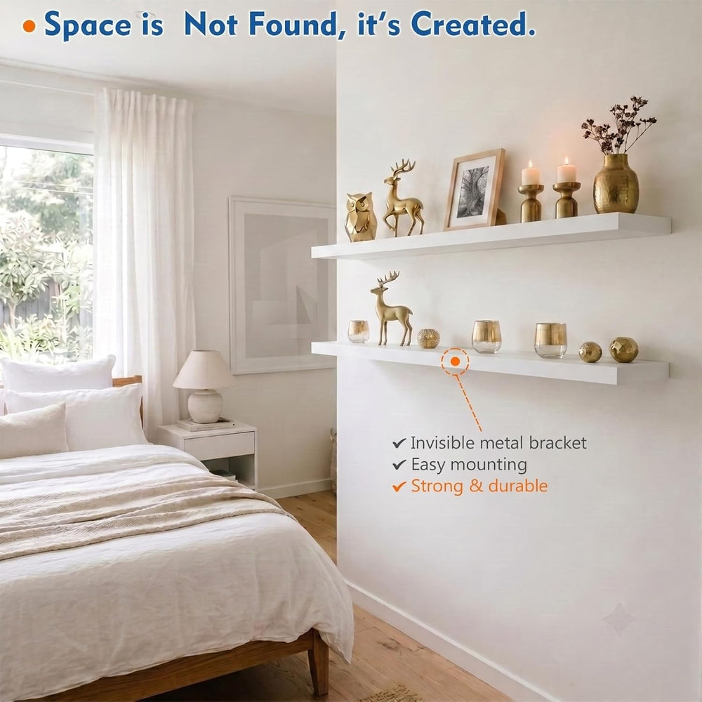 White Floating Shelves 48 inch Long, Large Wall Shelf for Living Room