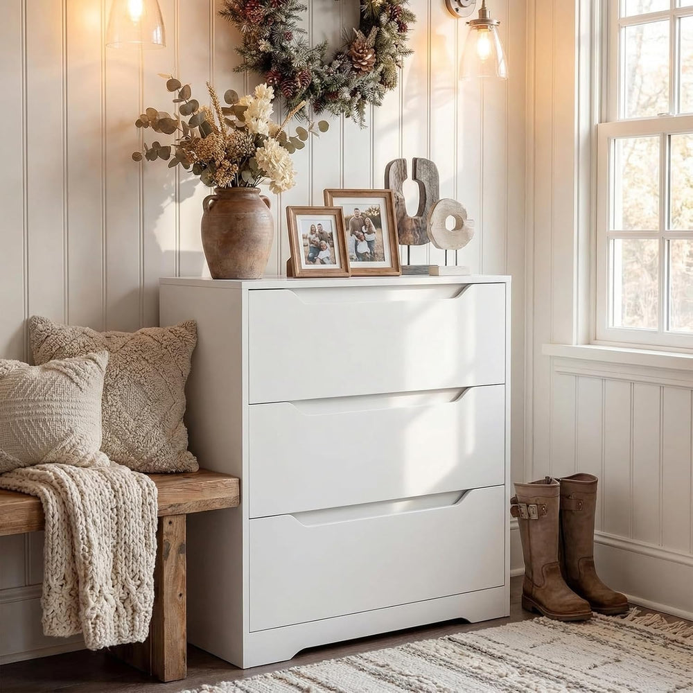 HOSTACK Modern 3 Drawers Dresser, Wood Chest of Drawers with Storage, White