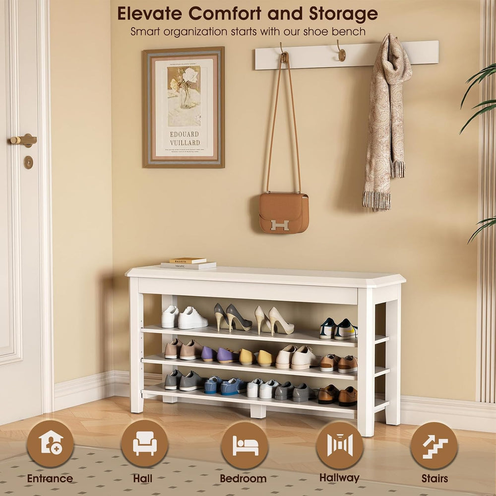 IUNVR Shoe Rack Bench Seat Rubberwood 3-Tier Wooden Storage Bench 550lbs Comp...