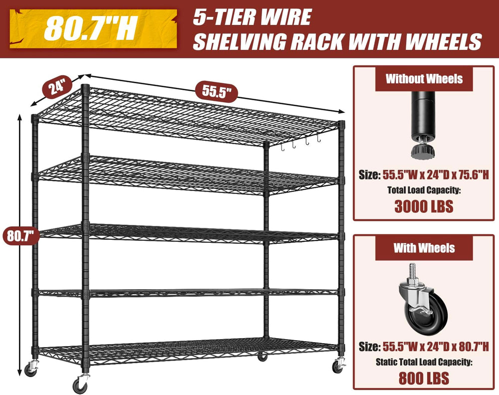 PrimeZone 5 Tier 80.7"H x 55.5"W x 24"D Wire Shelving with Whe...