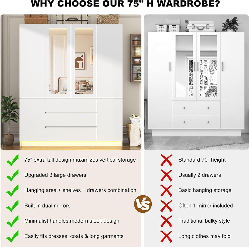 4 Doors Armoire Wooden Wardrobe Closet with 3 Drawers & 2 Mirror, 75"...