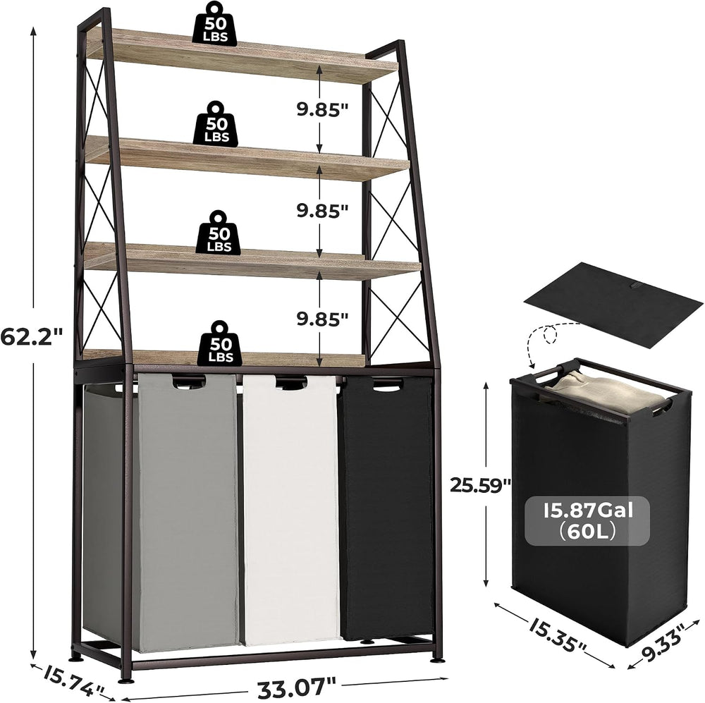 Herture Laundry Basket, 3 Section Laundry Hamper with 4 Tiers Shelf, Pull-Out...