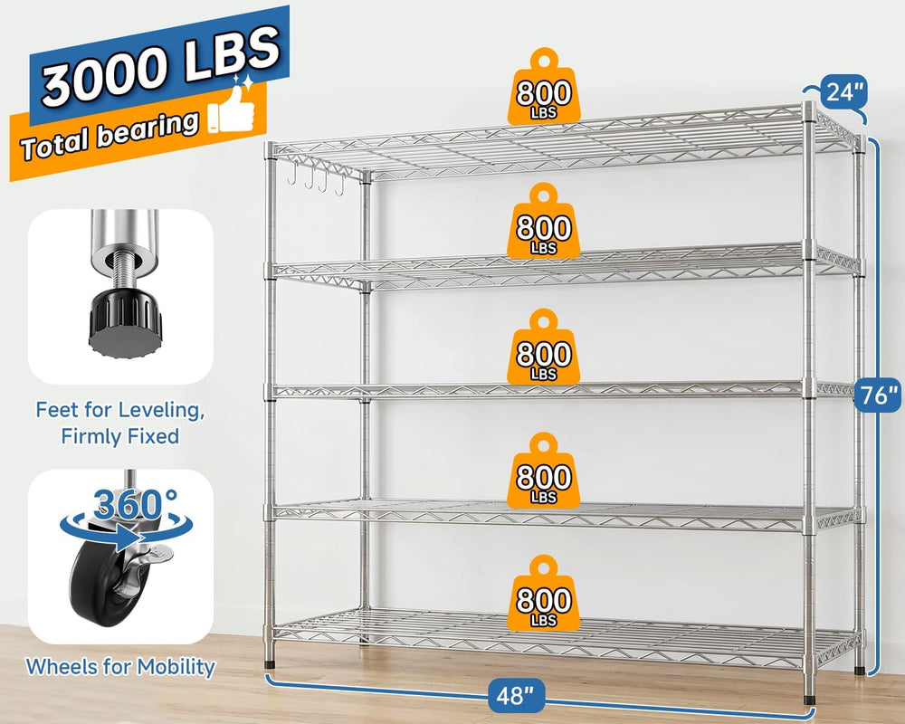 48" W x 24" D x 81" H Heavy Duty Wire Metal Storage Shelves wi...
