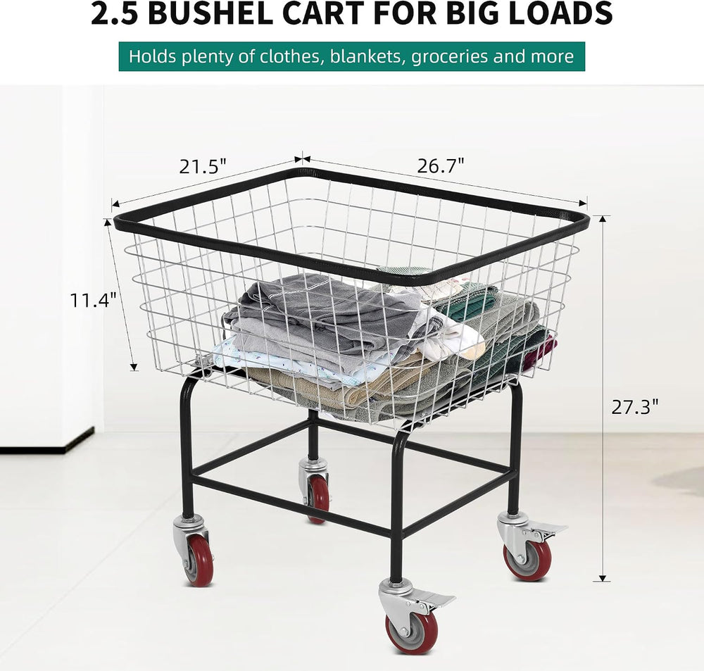 Large Rolling Laundry Cart with Wheels, Holds 2 Washer Loads, Steel
