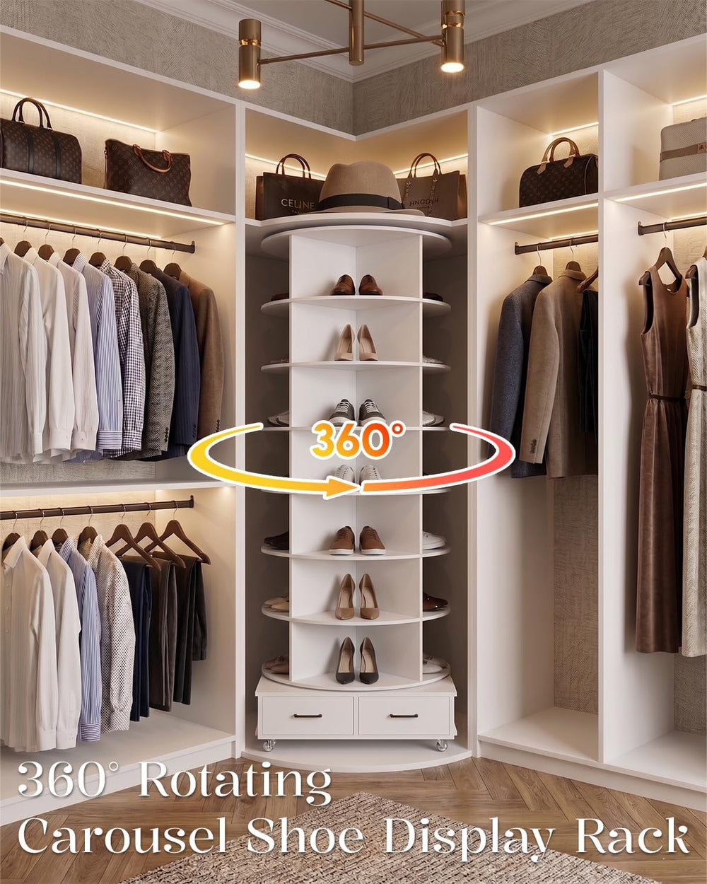 8 Tier Rotating Shoe Rack Contains 2 Drawers Shoe Tower Organizer