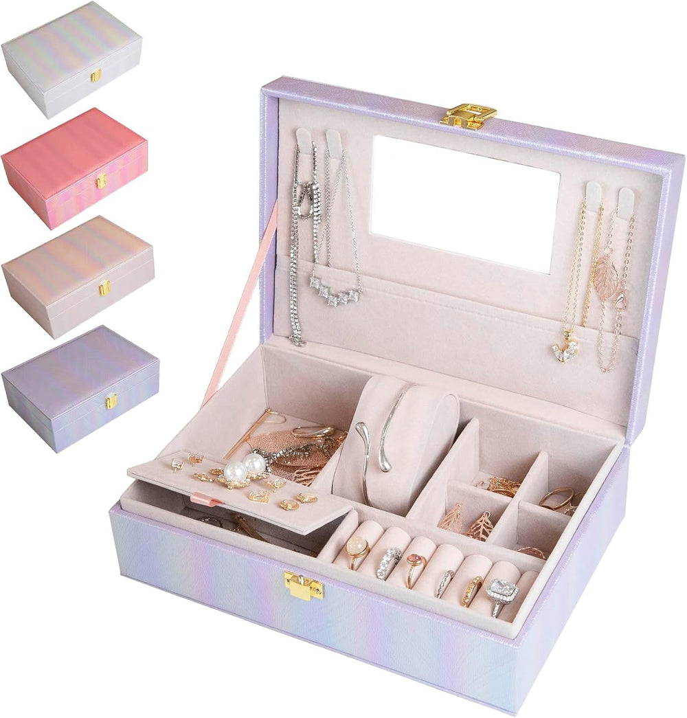 Customizable Rainbow Leather Box with Mirror, Jewelry Case, Jewelry Organizer...