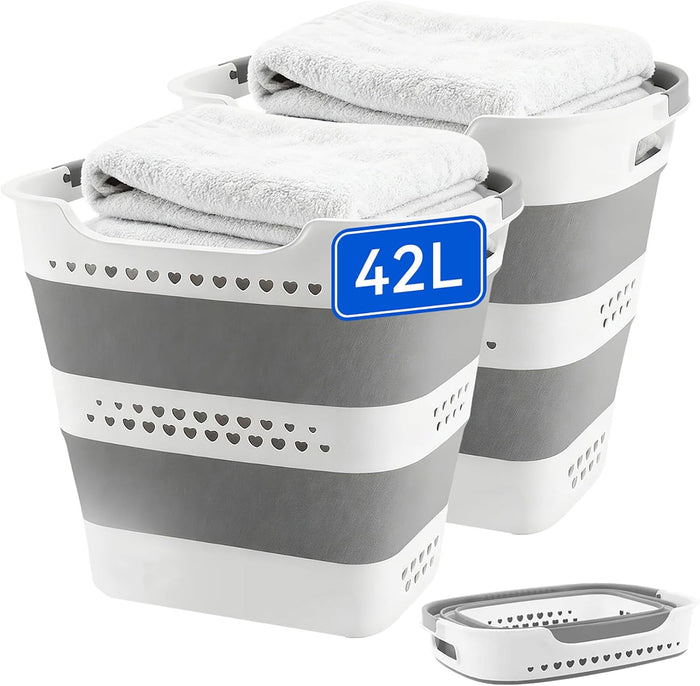 2 Pcs 42L Medium Collapsible Plastic Laundry Basket with Handles, Foldable Laundry Basket Hamper, Pop Up Storage Container Organizer for Washing Storage (Gery, 17 Inch * 13 Inch * 15 Inch)