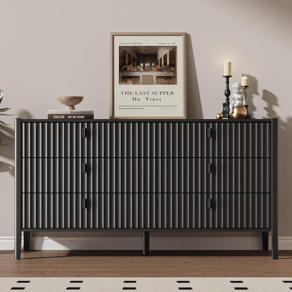 MAISONARIA Black 6 Drawer Dresser for Bedroom, Modern Wood Dresser, Fluted De...
