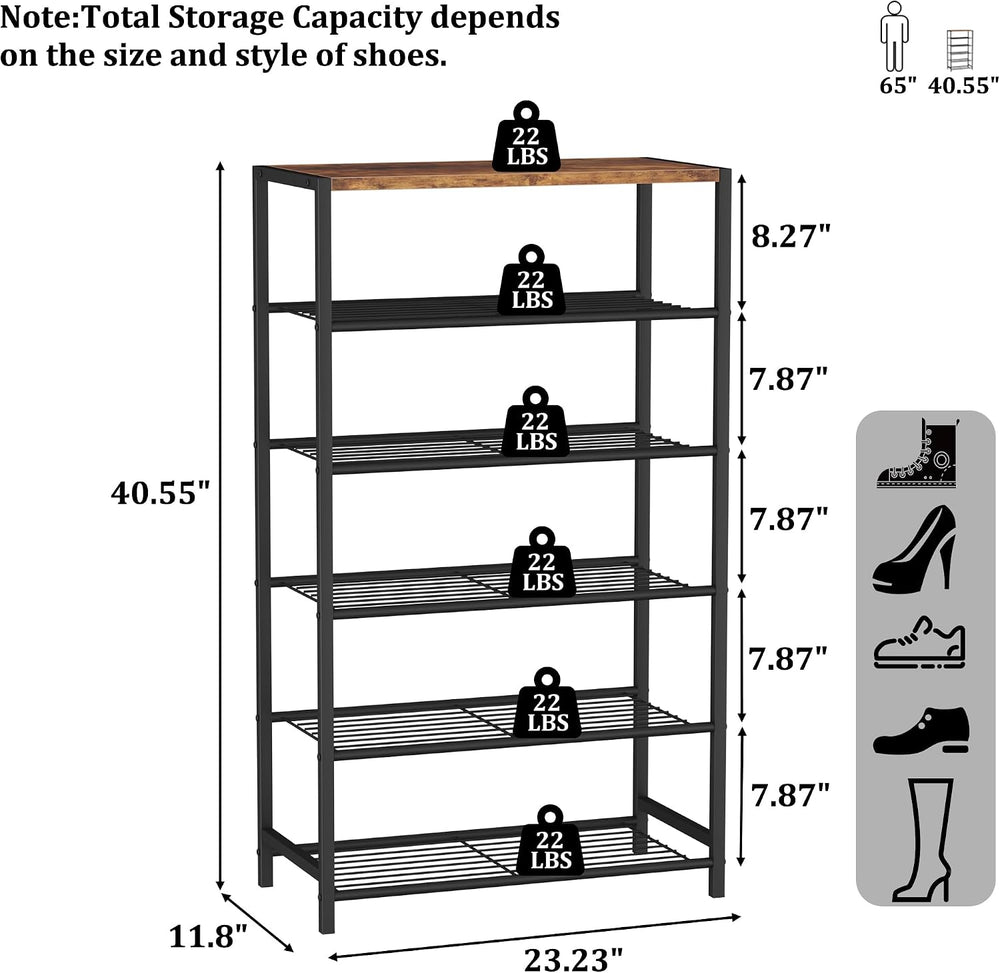 HOMEFORT Shoe Rack 6-Tier, Shoe Storage Shelf, Industrial Shoe Tower, Narrow ...