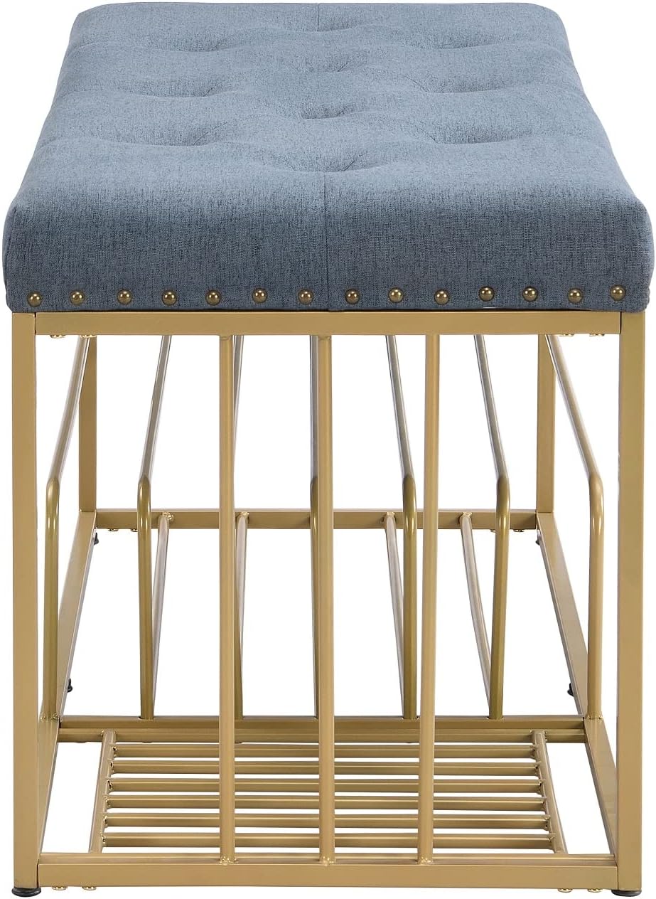 Upholstered Shoe Storage Bench-Nailhead Trim Linen Ottoman Bench with Shoes R...