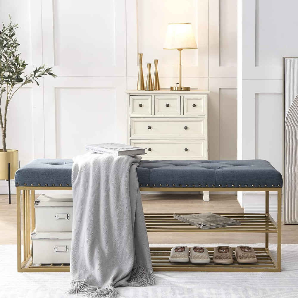 Upholstered Shoe Storage Bench-Nailhead Trim Linen Ottoman Bench with Shoes R...