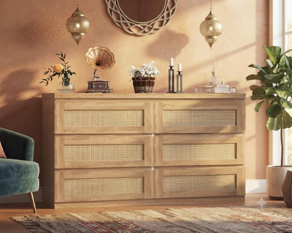 Garvee Rattan 6-Drawer Dresser for Bedroom - Slim Wooden Chest of Drawers, Du...