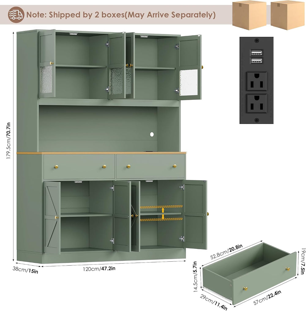 FINETONES 71" Pantry Cabinet with LED Light and Charging Station