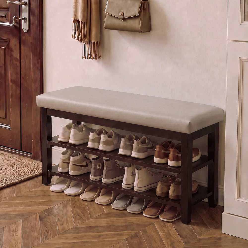 40" Solid Wood Shoe Storage Bench, 2 Tier Shoe Rack for Entryway, Grey