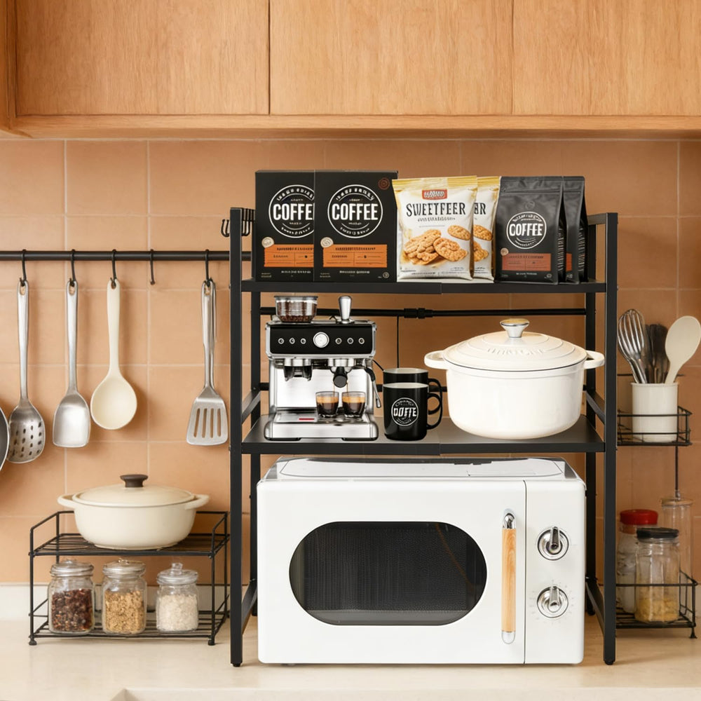 Expandable 3-Tier Microwave Rack with 6 Hooks, Adjustable Storage Shelf