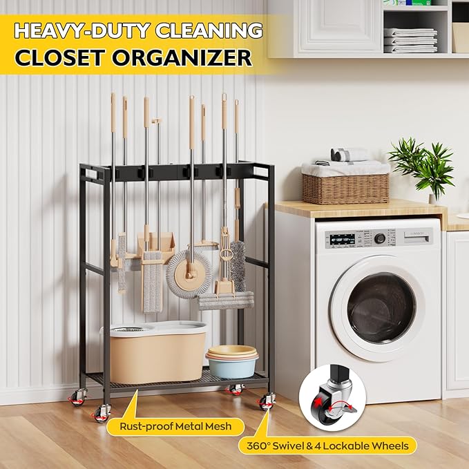 BORISI Broom And Mop Holder, Movable Broom Closet Storage Cabinet, Cleaning Cart