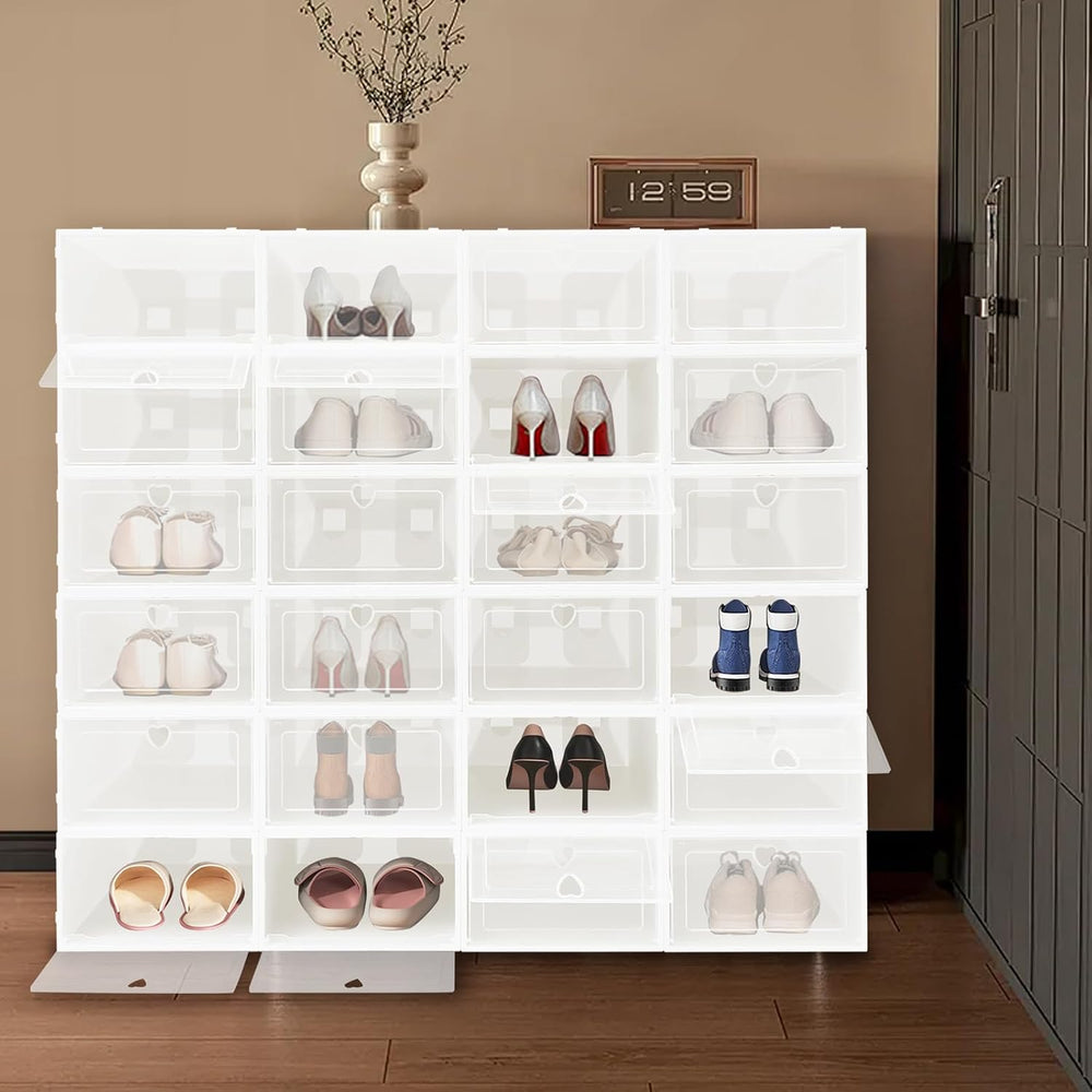 24Pcs Shoe Storage Box, Shoe Box Side Open, Clear Shoe Boxes Stackable, Plast...