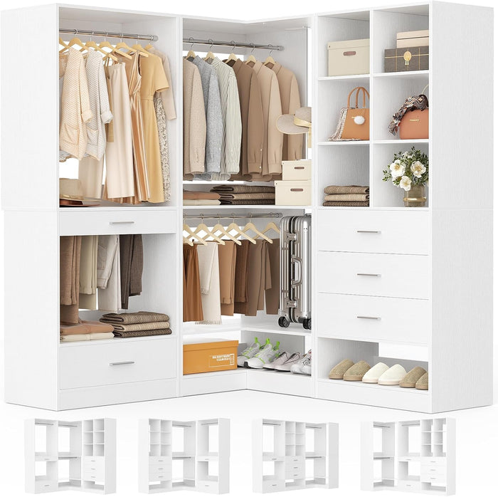 Homieasy Closet System Organizer with Drawers, Pants Rack, Cube Storage and Hanging Area – Wardrobe Organizer with Hanging Rods, Shoe Storage & Anti-Tip Kit – Expandable and Easy to Install, White