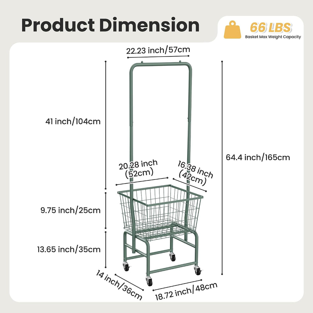 Rolling Laundry Cart with Wheels, Laundry Hamper Basket Organizer with Clothe...