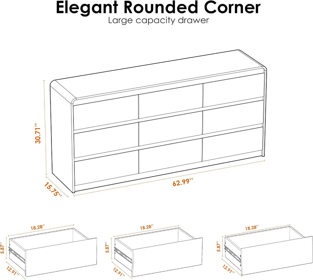 Oransail 9 Drawer Dresser, 63" Wide Walnut Dresser with Soft-Close Drawers
