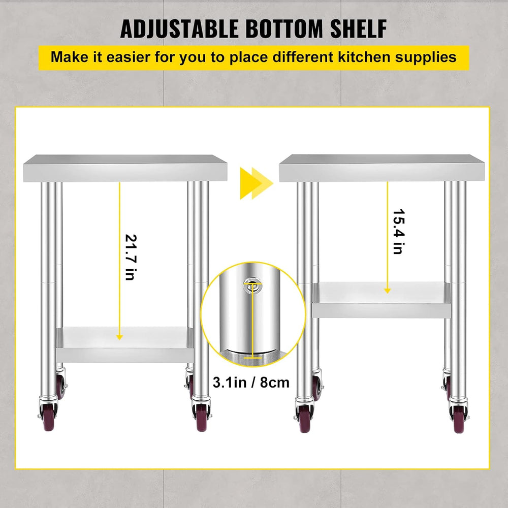 Mophorn 24x18x34 Inch Stainless Steel Work Table 3-Stage Adjustable Shelf wit...