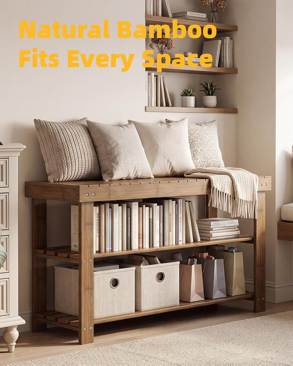 SMIBUY Bamboo Shoe Rack Bench, 3-Tier Shoe Organizer Storage Shelf for Entryw...