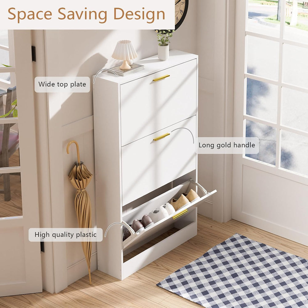 LYNSOM Modern Entryway Shoe Cabinet with 3 Flip Drawers and Top Display, Whit...