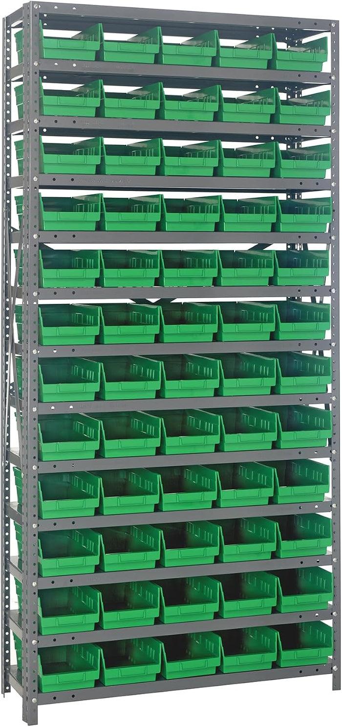 Quantum Storage Systems 1275-102GN Steel Shelving Unit with 4" Shelf Bins, 12" D x 36" W x 75" H, Green